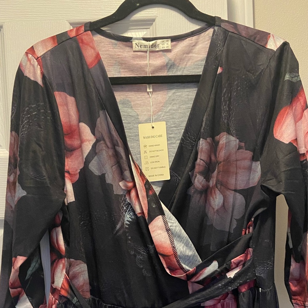 Floral Wrap Dress in Black and Pink